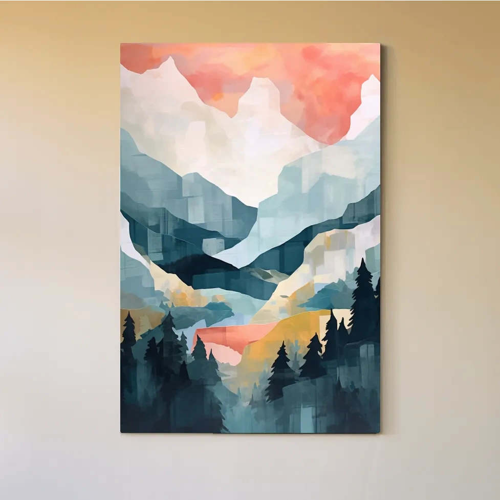 Abstract painting of alpine mountains and trees