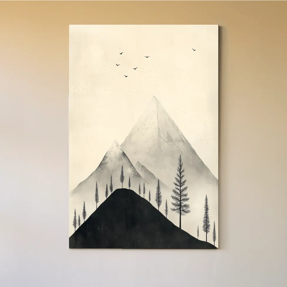 Minimalist Misty Mountain Peaks With Pine Trees - Monochrome Scandinavian Landscape Artwork