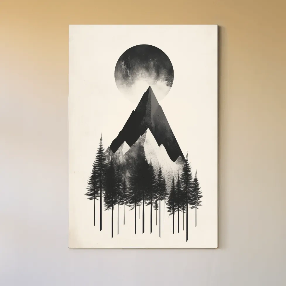Minimalist Monochrome Mountain Peak & Pine Forest - Modern Scandinavian Style Wall Art