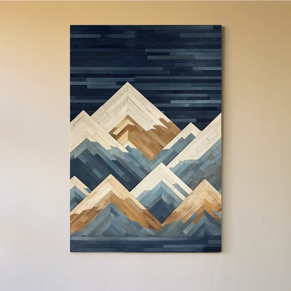 Wooden panel art, painted wood mountains