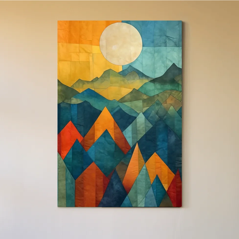 Geometric Patchwork Sunlit Mountain Range Painting - Colorful Abstract Alpine Wall Art