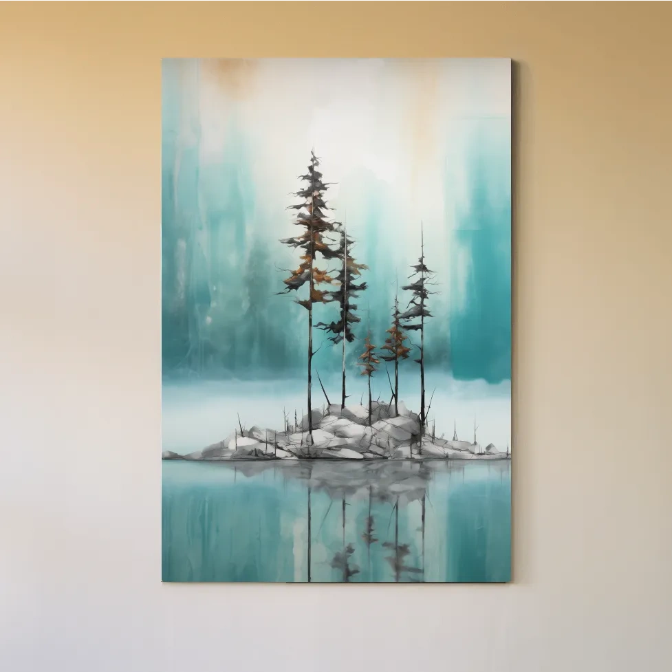 Misty Pine Trees Reflection - Watercolor Turquoise Alpine Lake Wall Art