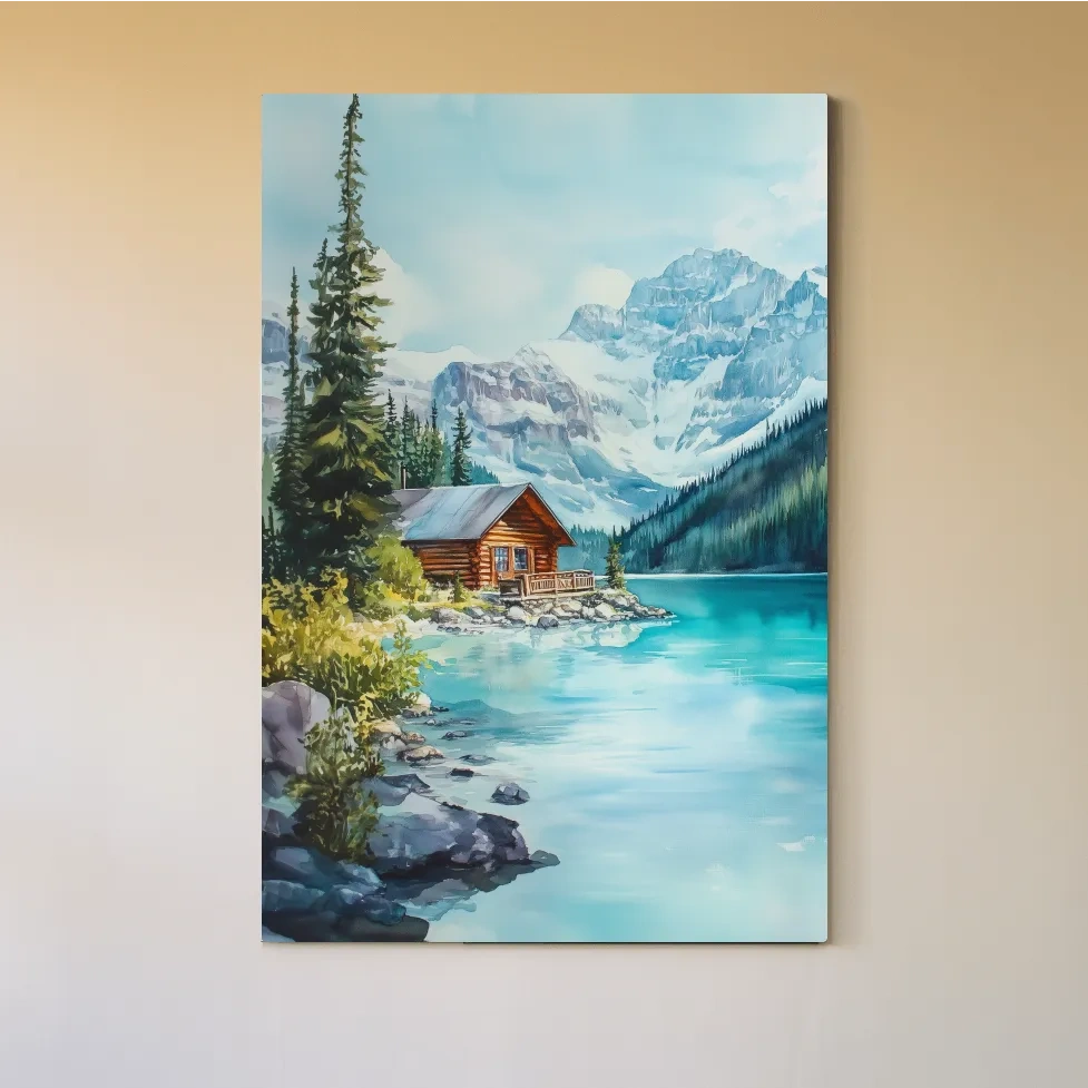 Turquoise Alpine Lake Cabin Watercolor - Serene Snowy Mountain Wall Art