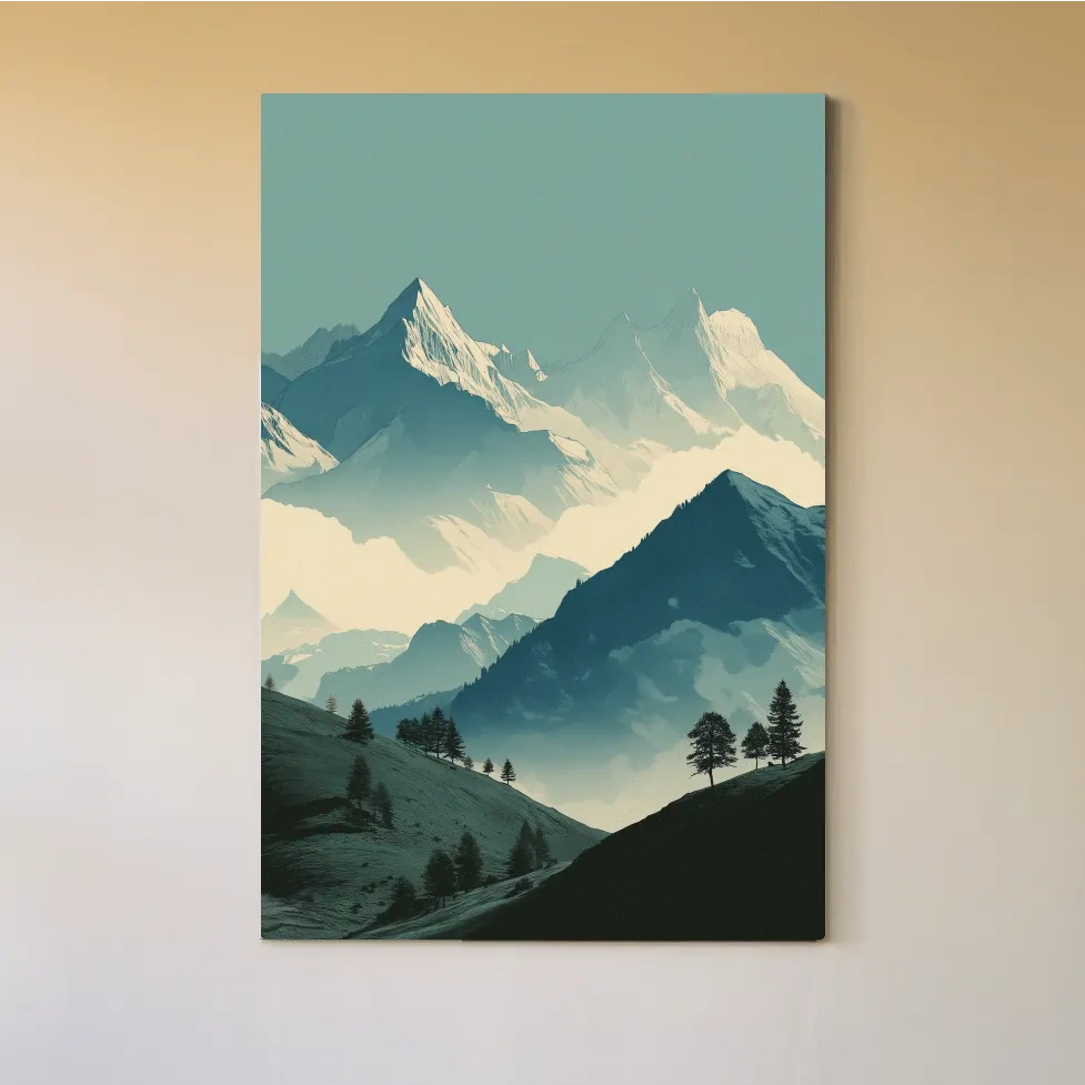 Misty Alpine Mountain Peaks Illustration - Serene Landscape Wall Art