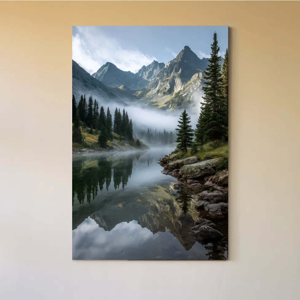 Misty Alpine Lake Photography - Serene Mountain Forest Wall Art