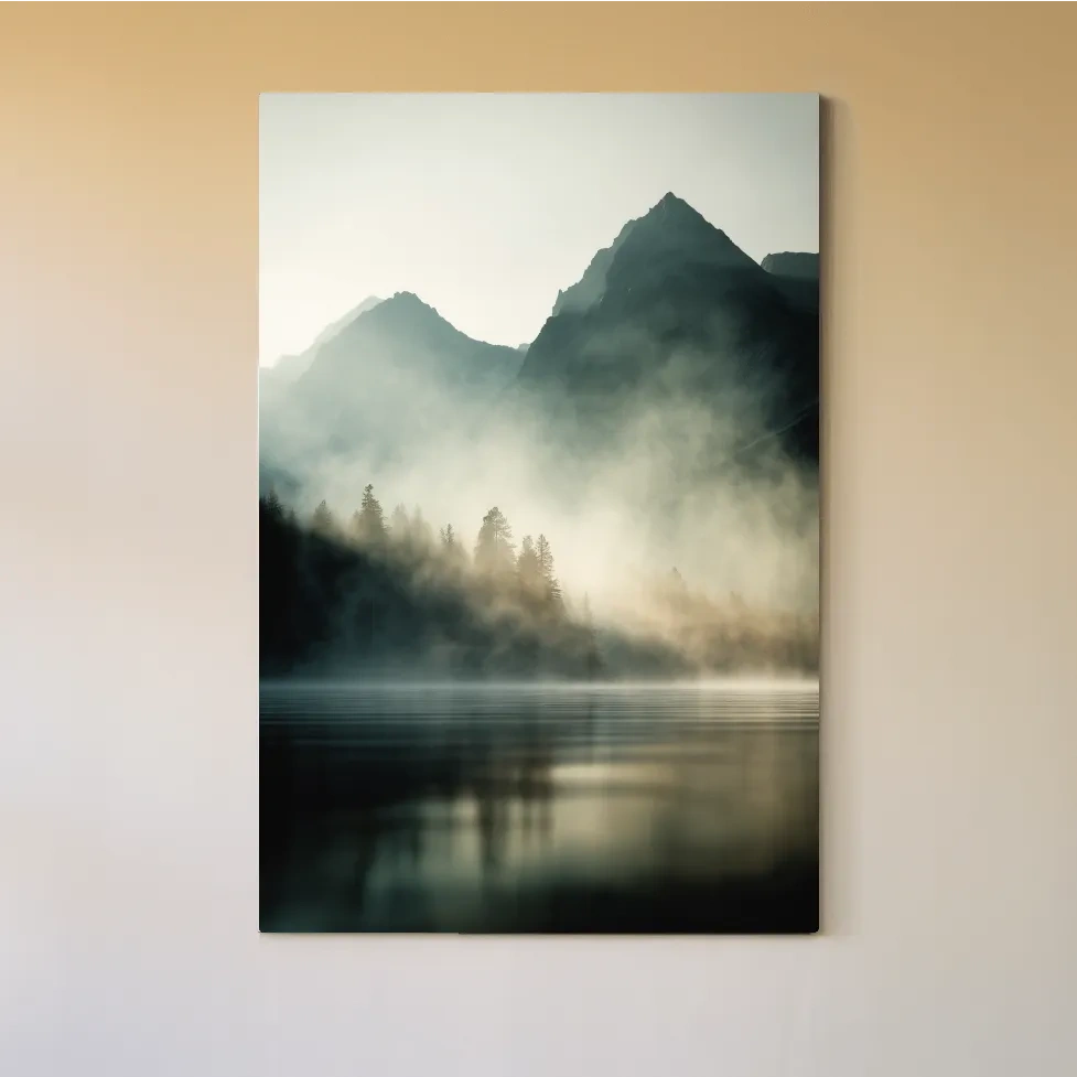 Moody Misty Mountain Lake Landscape - Serene Foggy Pine Forest Wall Art