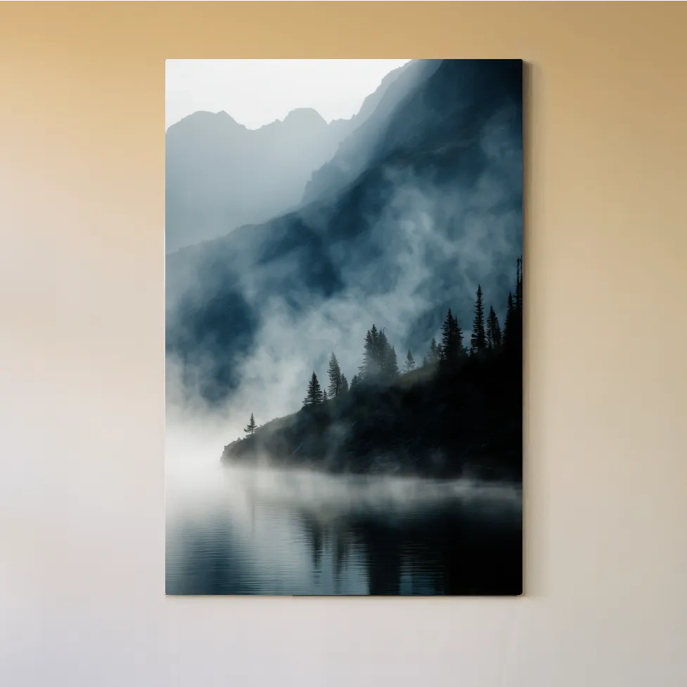 Misty Alpine Lake Landscape Photography - Foggy Pine Forest Nature Wall Art