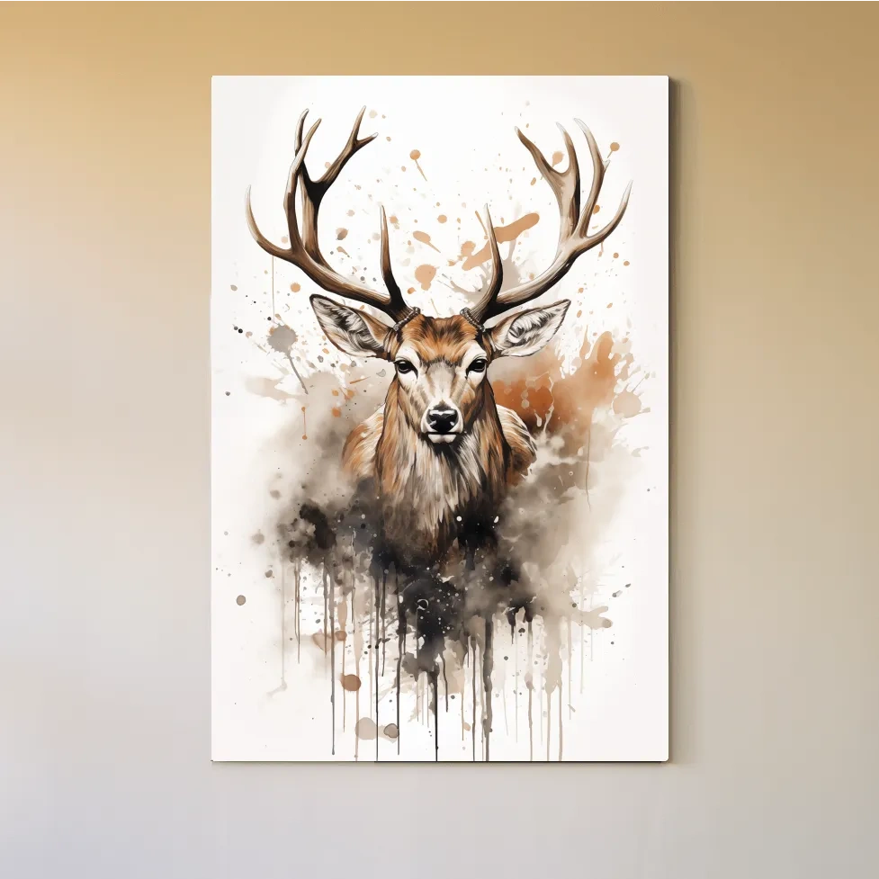 Majestic Stag Watercolor Splash Painting - Rustic Wildlife Wall Art