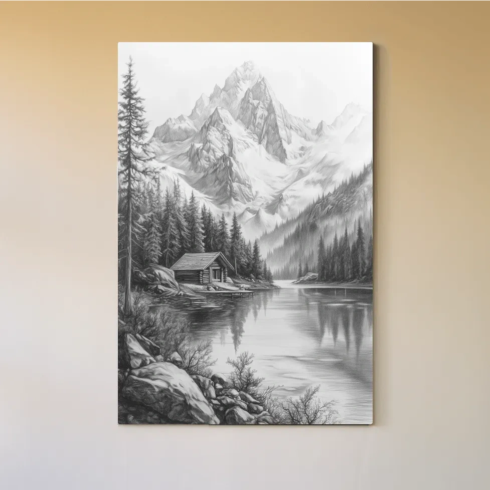 Monochrome Alpine Lake Cabin Sketch Art - Mountain Drawing Wall Art
