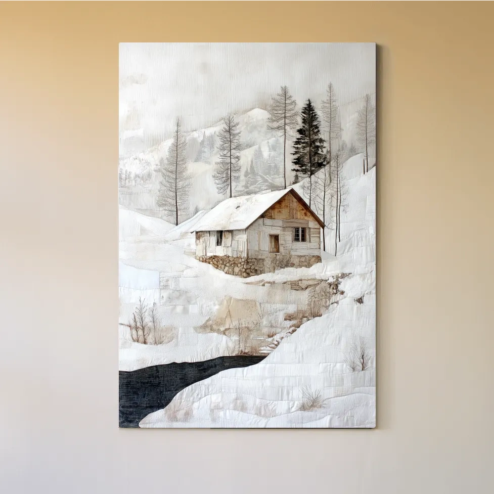 Snowy Mountain Cabin Textured Painting - Winter Landscape Wall Art