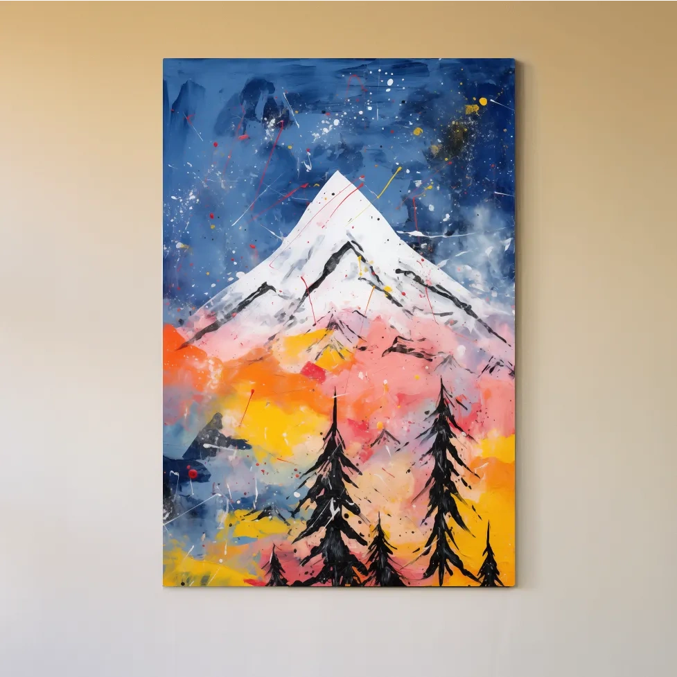 Vibrant Abstract Mountain Peak Sunset Painting - Colorful Acrylic Splash Forest Wall Art