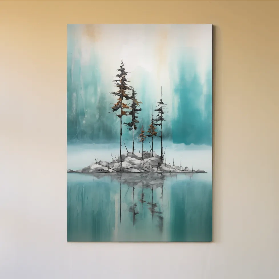 Misty Pine Trees Reflection - Watercolor Turquoise Alpine Lake Wall Art