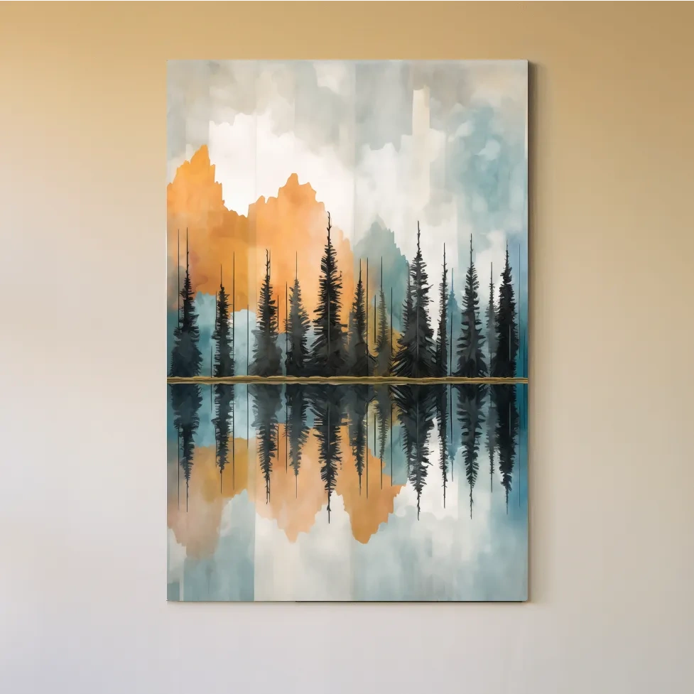 Abstract Watercolor Mountain Lake Reflection - Alpine Forest Landscape Artwork