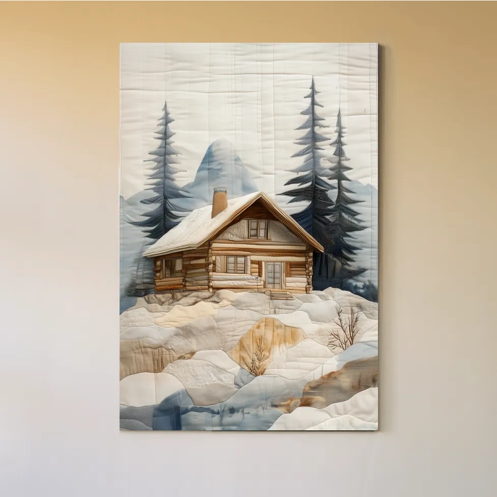 Rustic Winter Cabin In Snowy Pines - Textured Patchwork Fabric Effect Wall Art