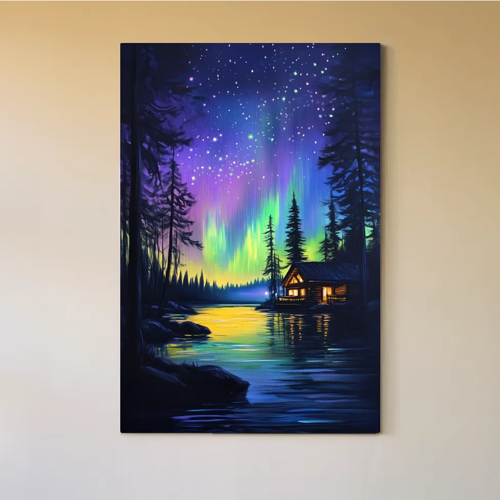Vibrant Northern Lights Lakeside Cabin Painting - Aurora Borealis Night Landscape Wall Art