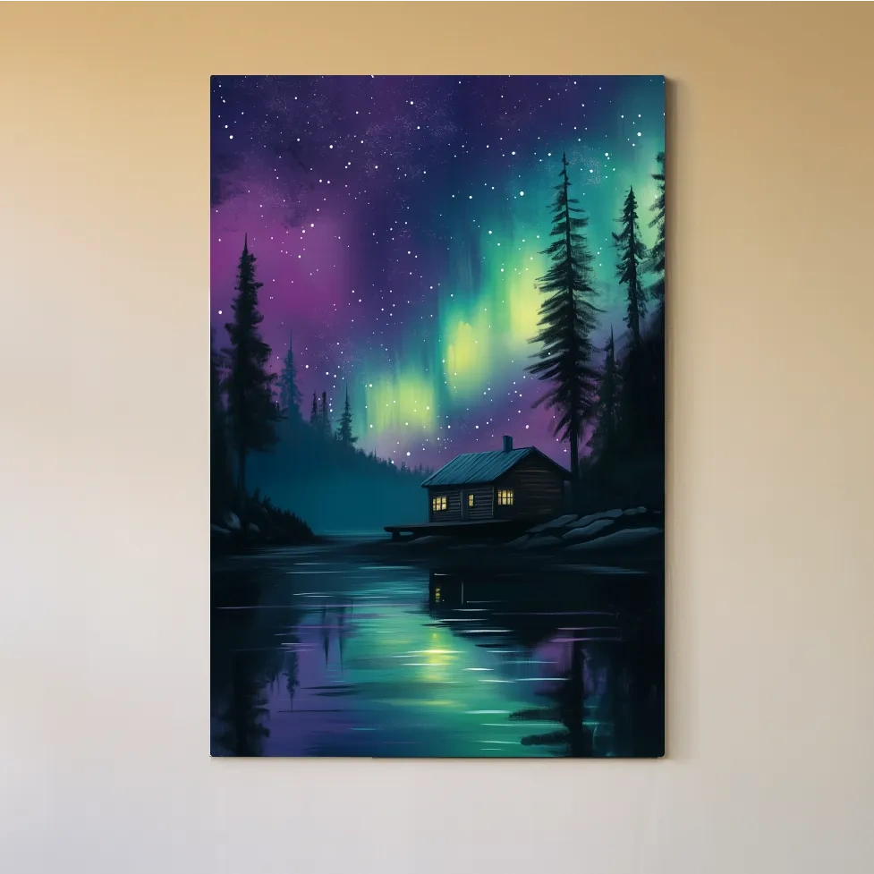 Aurora Borealis Lake Cabin Painting - Northern Lights Wall Art
