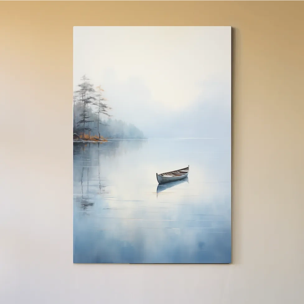 Misty Lake Canoe Reflection Painting - Serene Minimalist Waterscape Wall Art