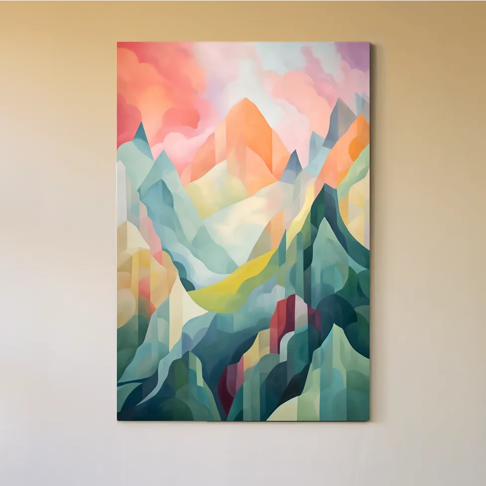 Vibrant Abstract Pastel Mountain Sunset - Geometric Watercolor Style Wall Art