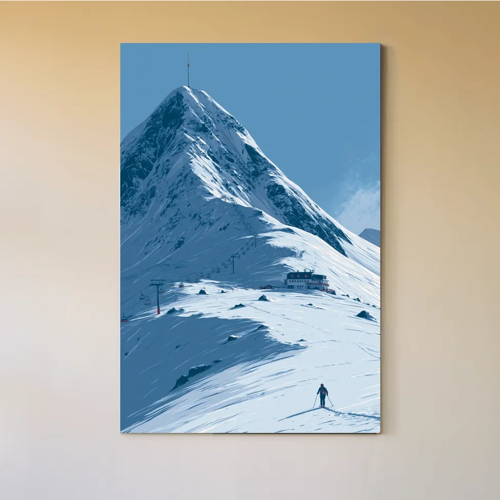 Alpine Mountain Skier Artwork - Minimalist Winter Landscape Wall Art