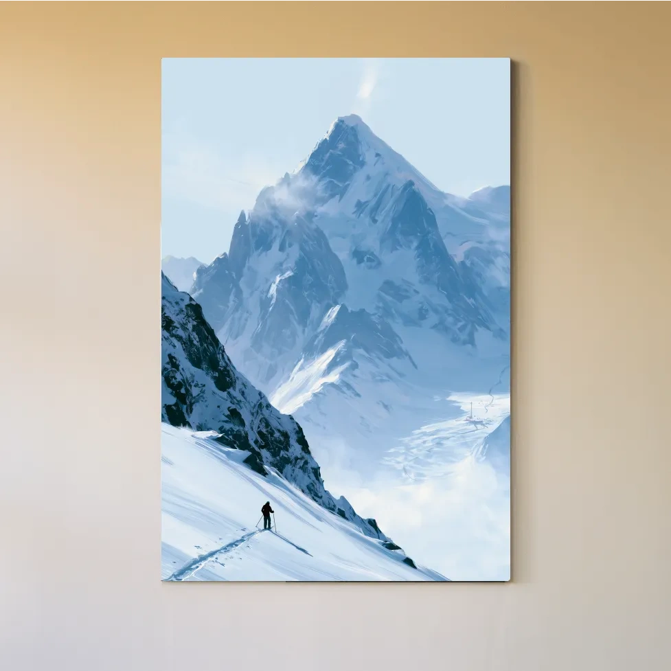 Backcountry Skier Alpine Peak Landscape - Minimalist Winter Mountain Wall Art