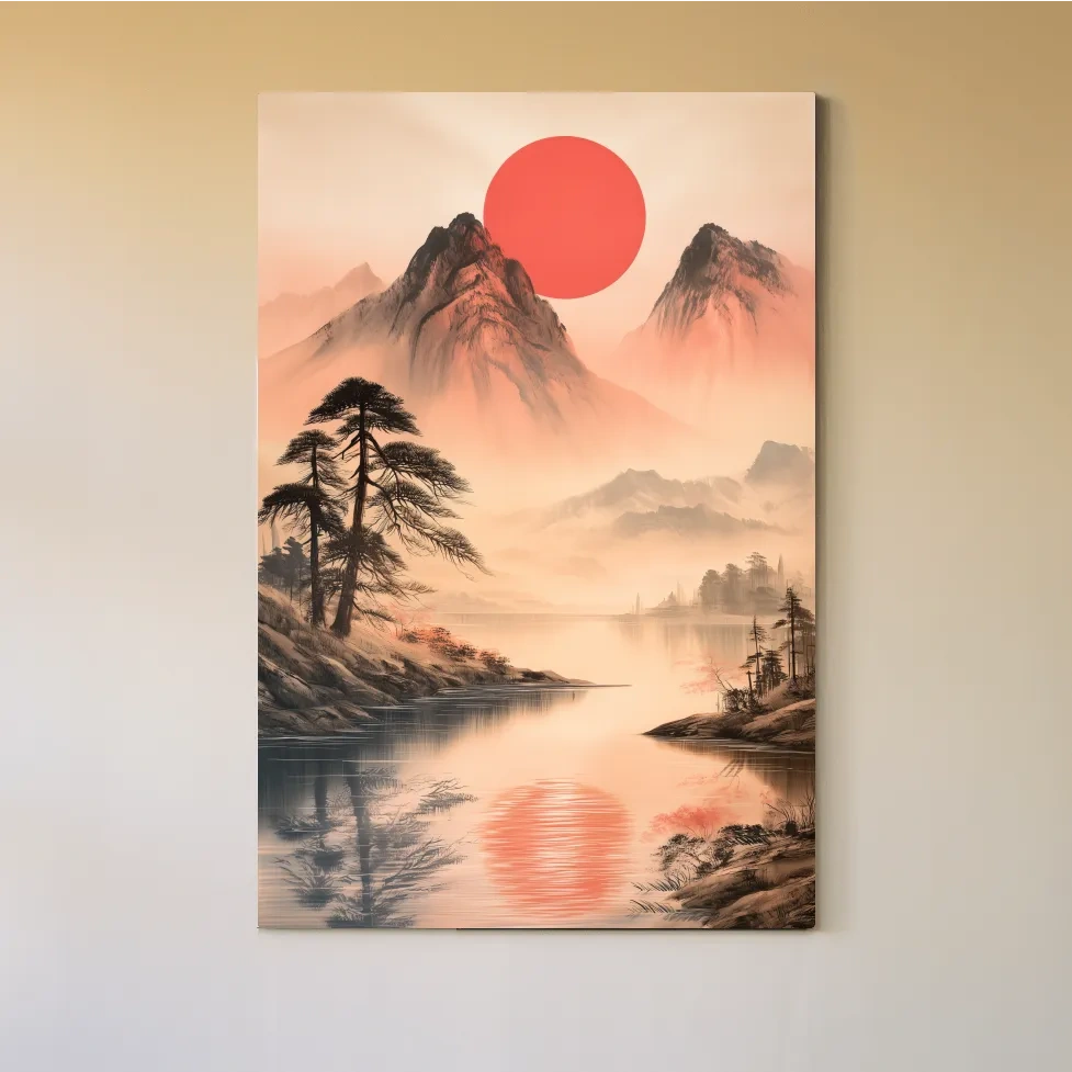 Zen Misty Mountain Lake Sunrise - Japanese Ink Wash Wall Art