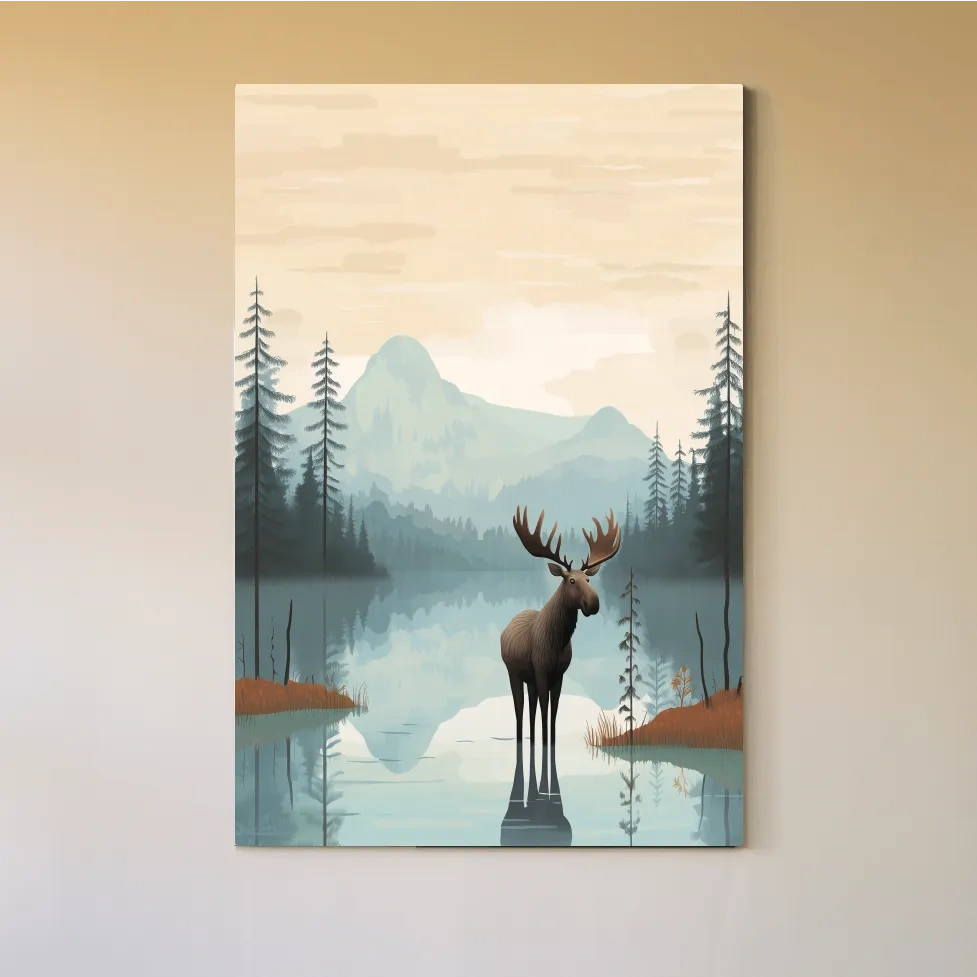 Moose Mountain Lake Illustration - Nursery Forest Mountain Wall Art