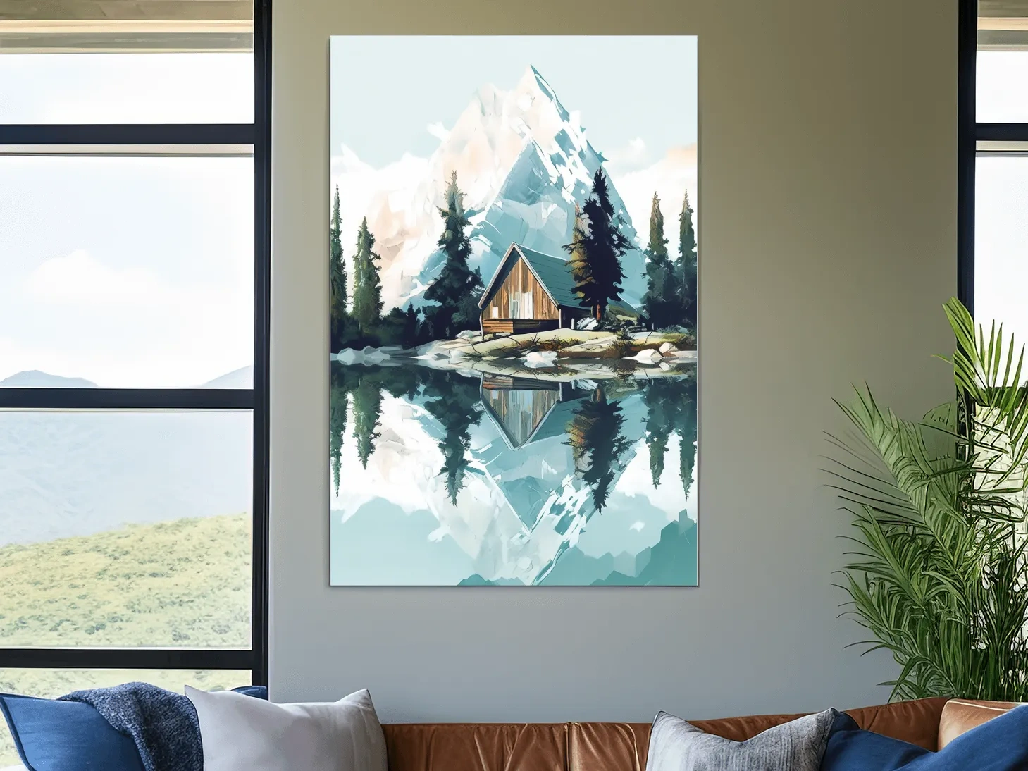 Serene Alpine Cabin Lake Painting - Mountain Landscape Wall Art