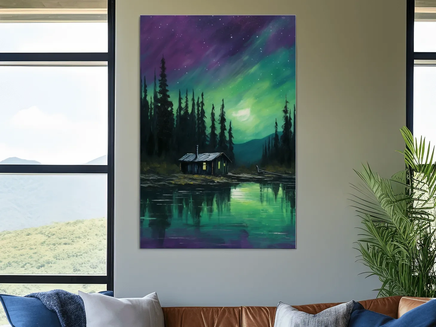 Painting of cabin by a lake under the northern lights night sky