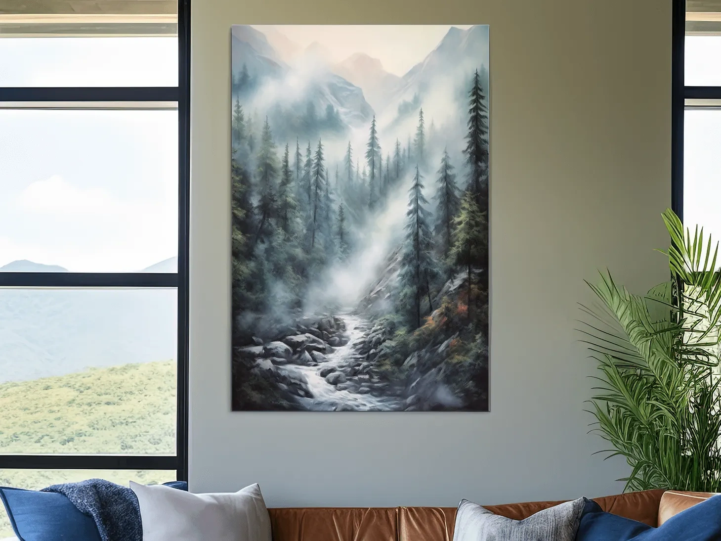 Painting of a foggy forest mountain and river scene