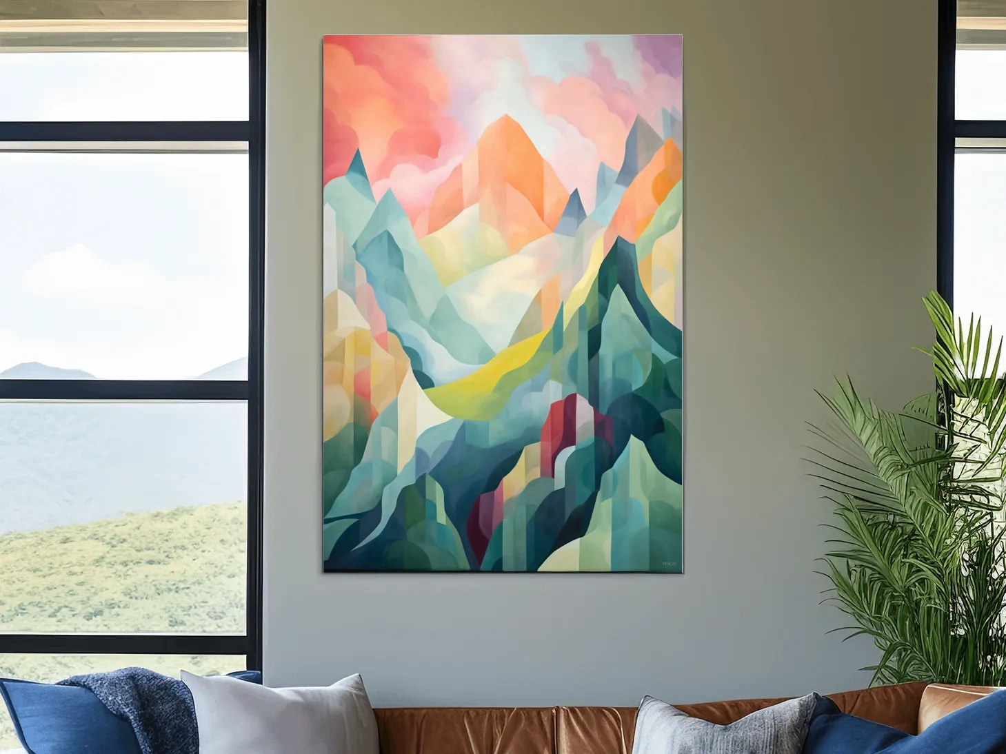 Vibrant Abstract Pastel Mountain Sunset - Geometric Watercolor Style Wall Art