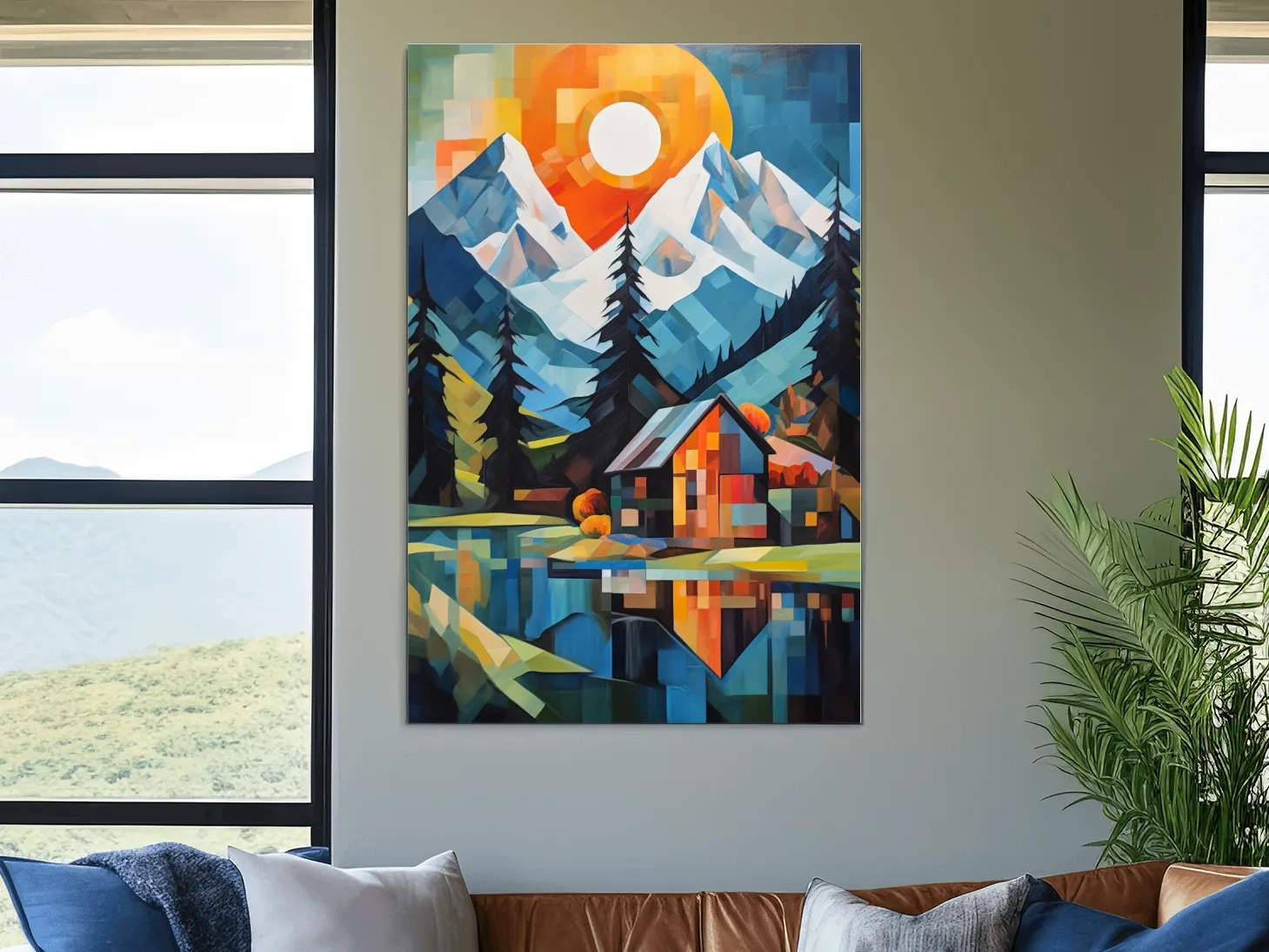 Geometric Alpine Cabin Lake Sunset - Vibrant Impressionist Mountain Wall Art
