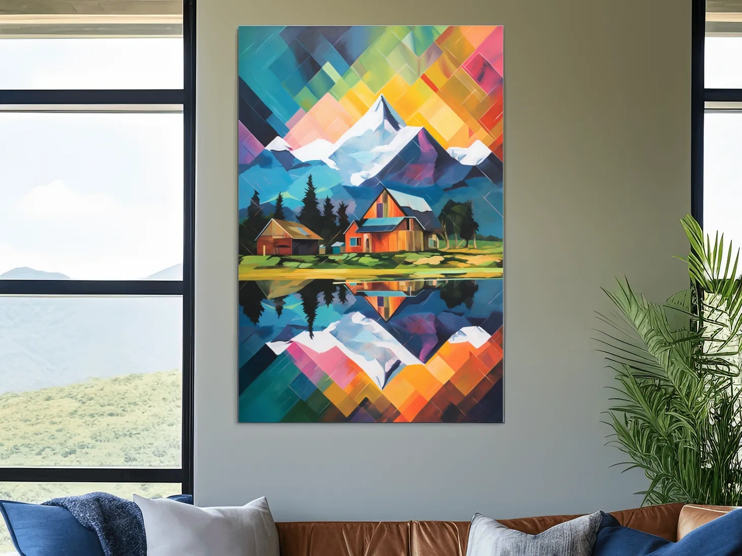 Vibrant Geometric Mountain Cabin Painting - Colorful Abstract Alpine Wall Art