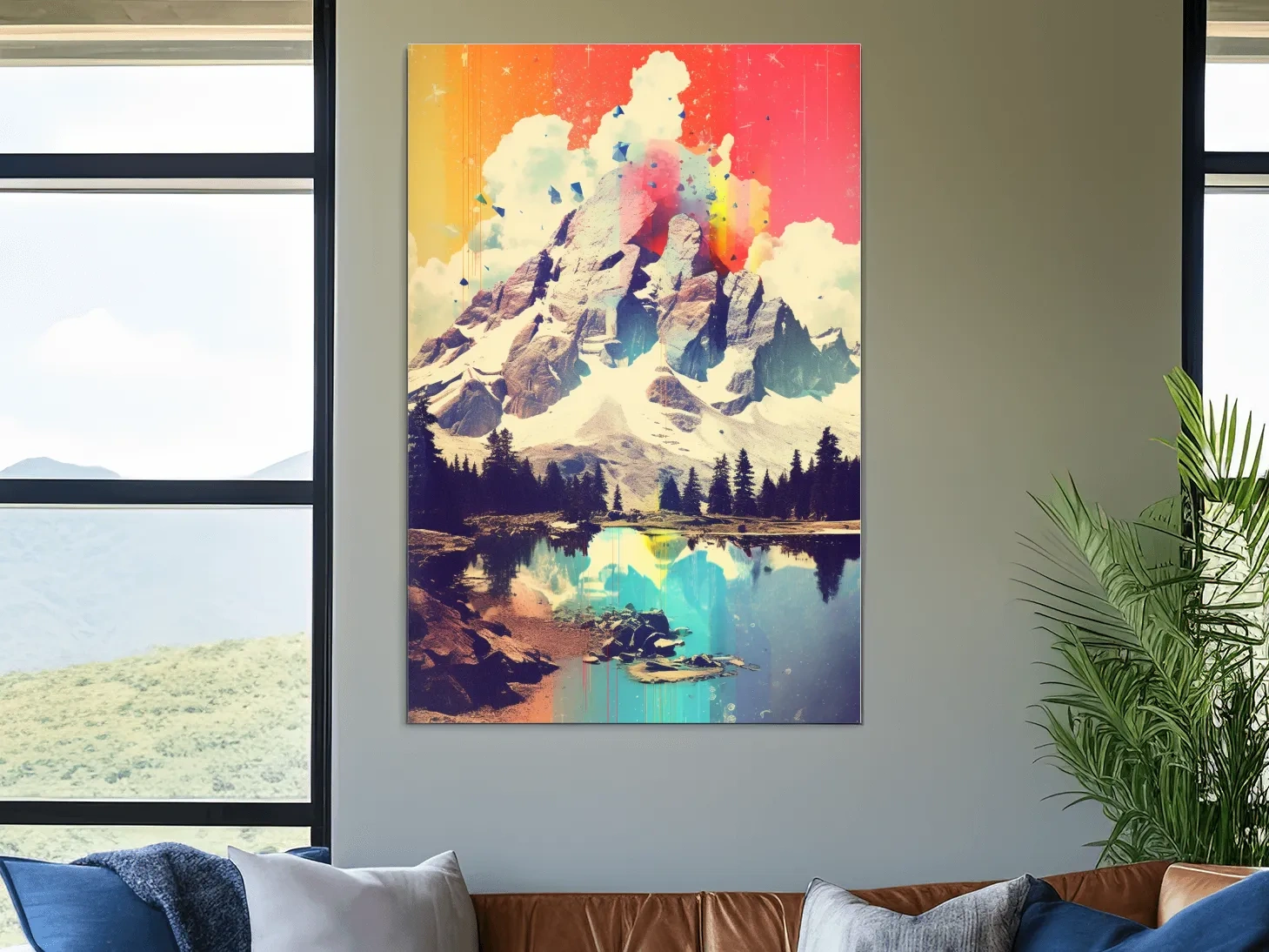 Vibrant Abstract Mountain Lake Painting - Colorful Alpine Landscape Wall Art
