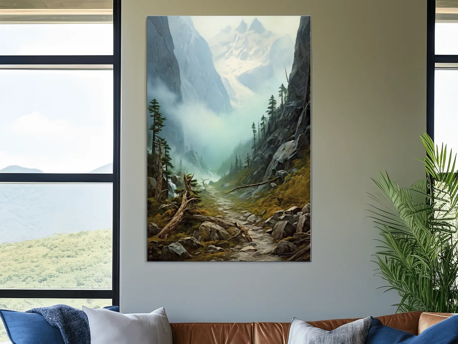 Misty Alpine Mountain Valley Painting - Foggy Pine Forest Wall Art