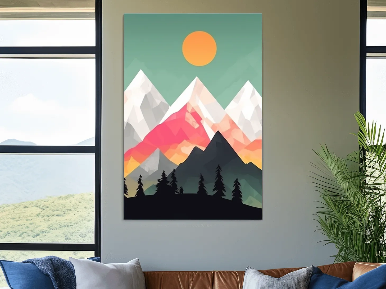 Geometric Sunset Mountain Peaks With Pine Silhouettes - Modern Colourful 2D Wall Art