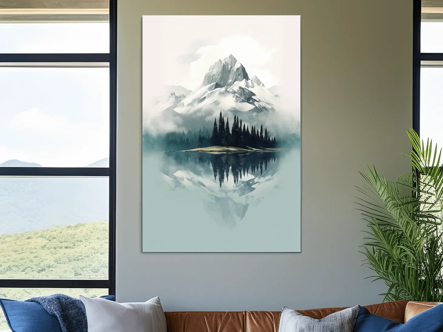 Misty Alpine Mountain Lake Reflection - Minimalist Watercolor Landscape Wall Art