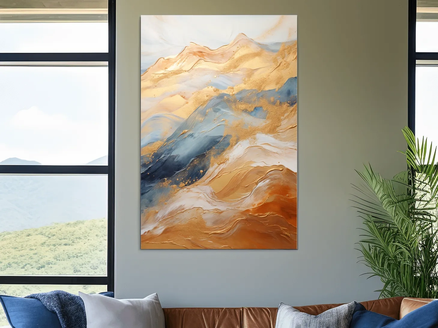 Abstract Gold And Blue Mountain Landscape - Modern Fluid Marble Wall Art