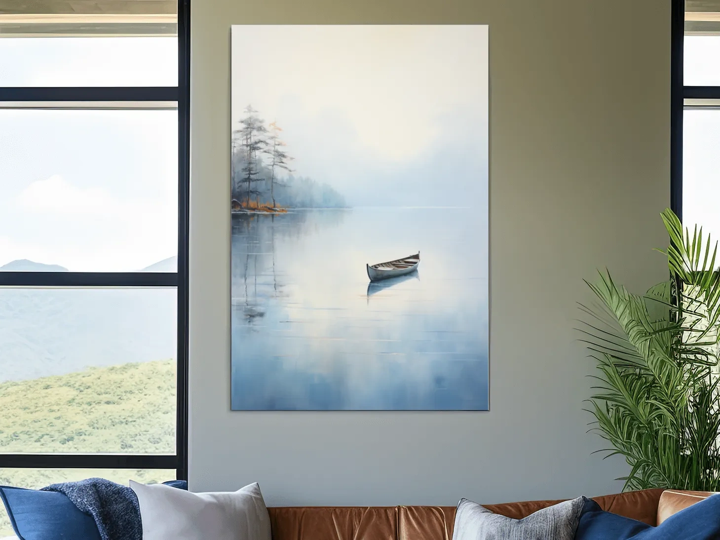 Misty Lake Canoe Reflection Painting - Serene Minimalist Waterscape Wall Art