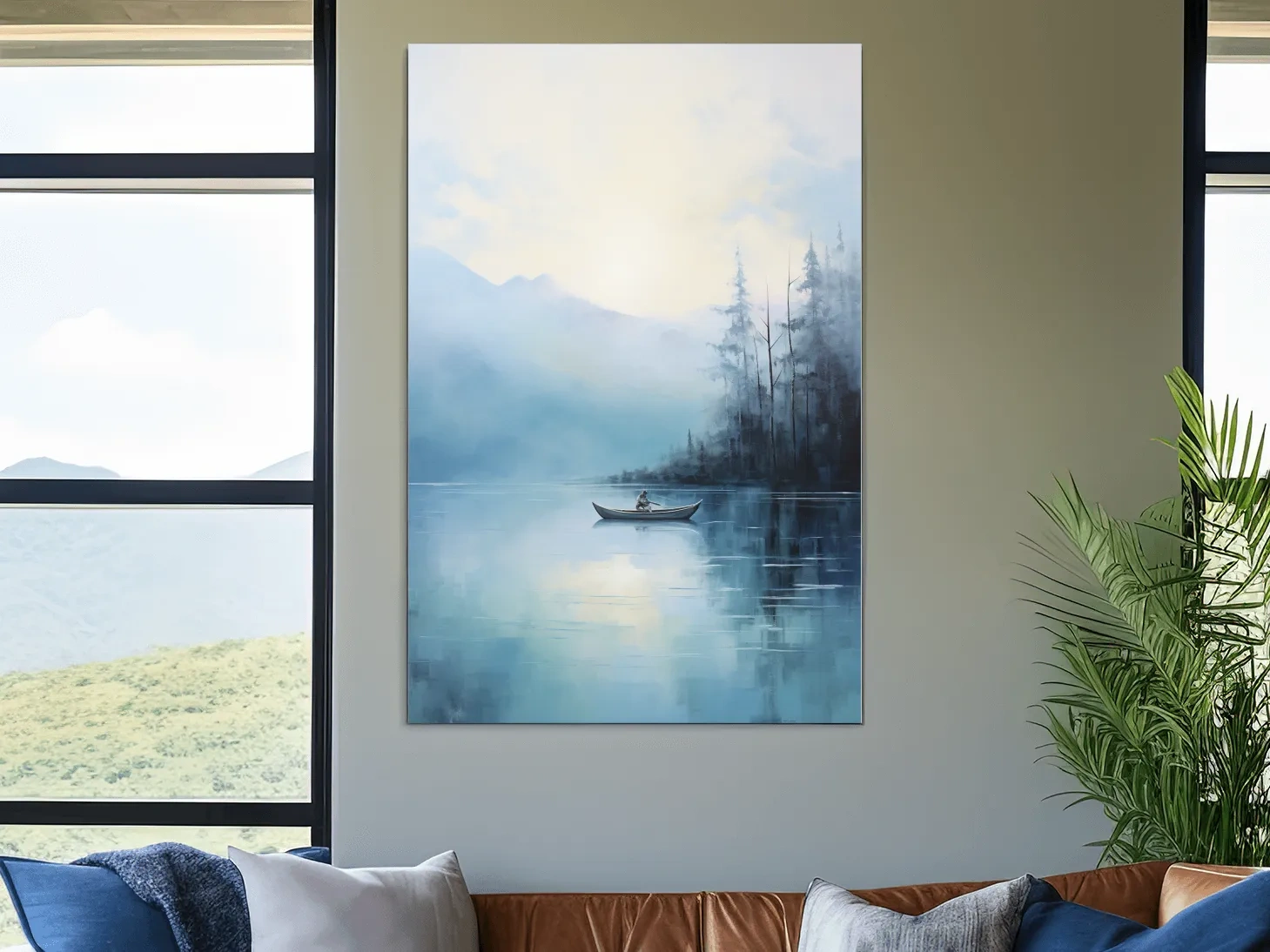 Misty Turquoise Mountain Lake Canoe Painting - Serene Forest Landscape Wall Art