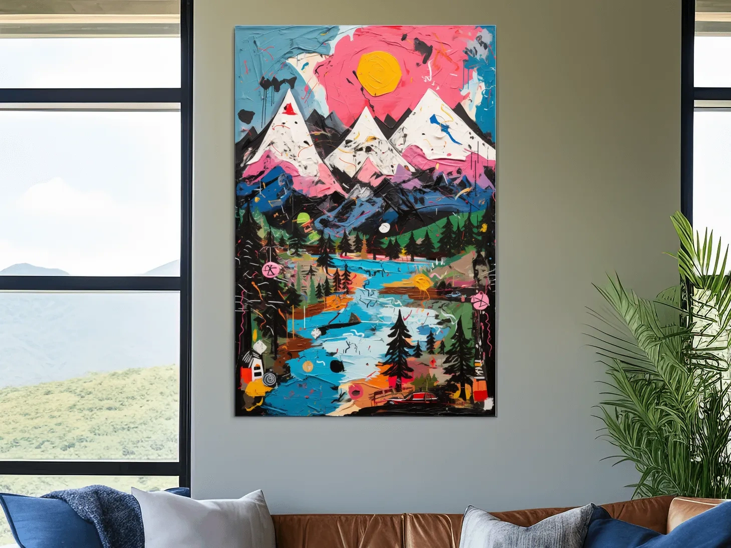 Vibrant Abstract Mountain Lake Sunset Painting - Colorful Modern Landscape Wall Art