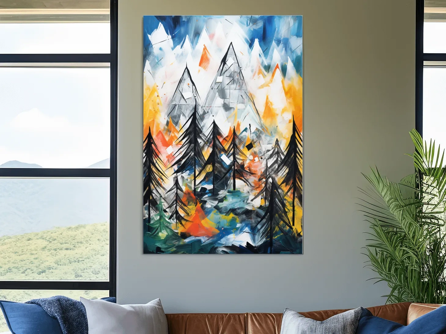 Abstract Alpine Mountain Peaks Painting - Colorful Energetic Pine Forest Landscape Wall Art