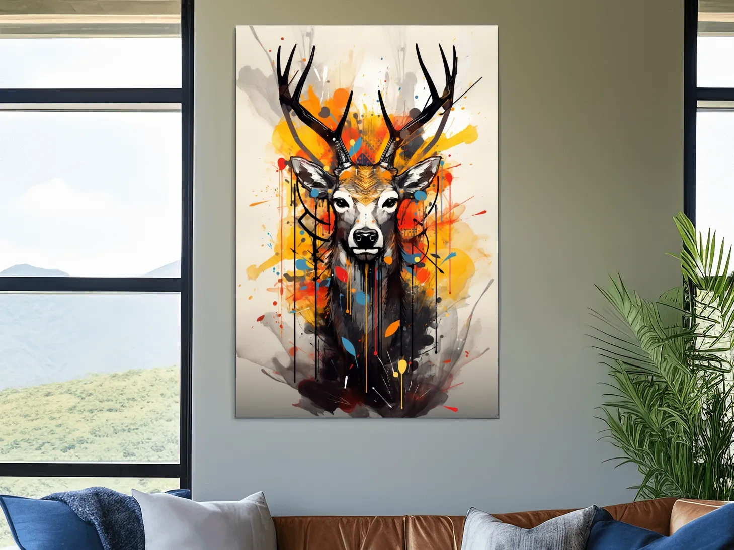 Abstract splattered painting of a deers head