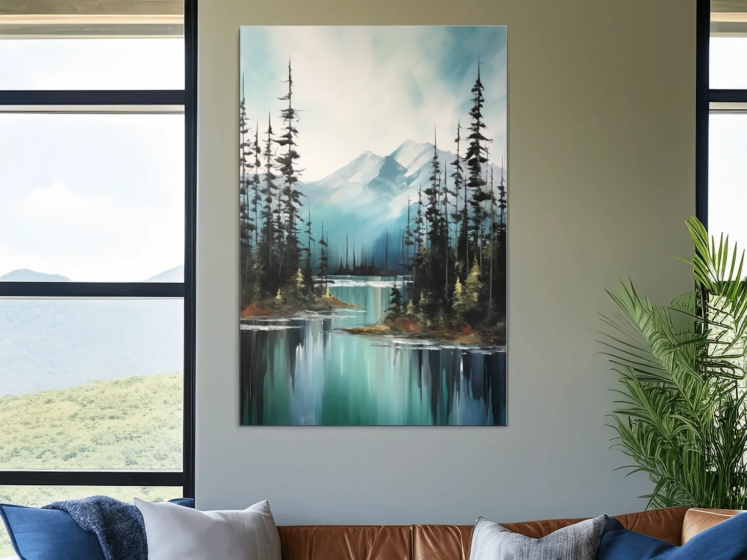 Alpine Turquoise Lake Watercolor Landscape - Serene Pine Forest Nature Wall Art
