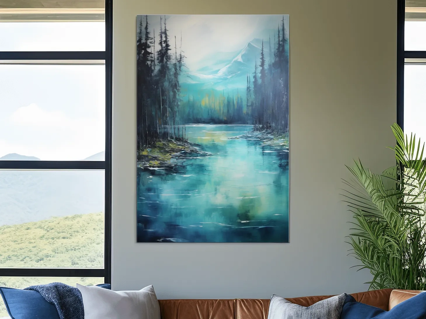 Misty Mountain Lake Reflection - Serene Forest Oil Panting Wall Art