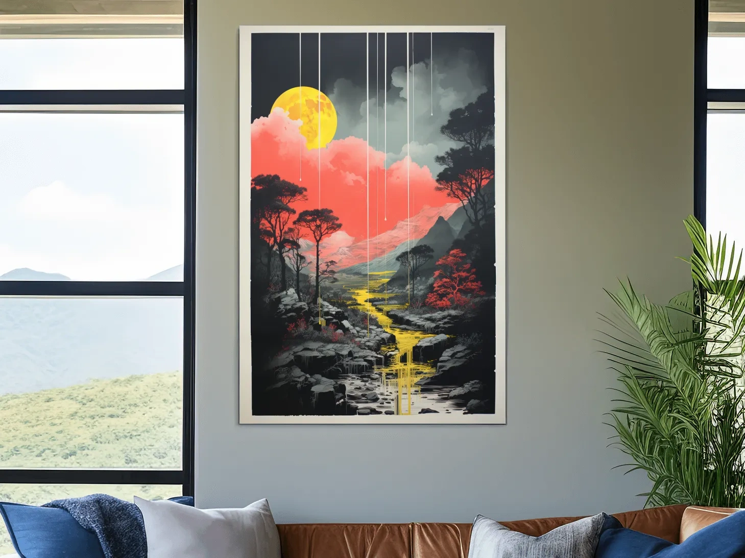Surreal Moonlit Mountain River Landscape - Fantasy Nature Wall Art