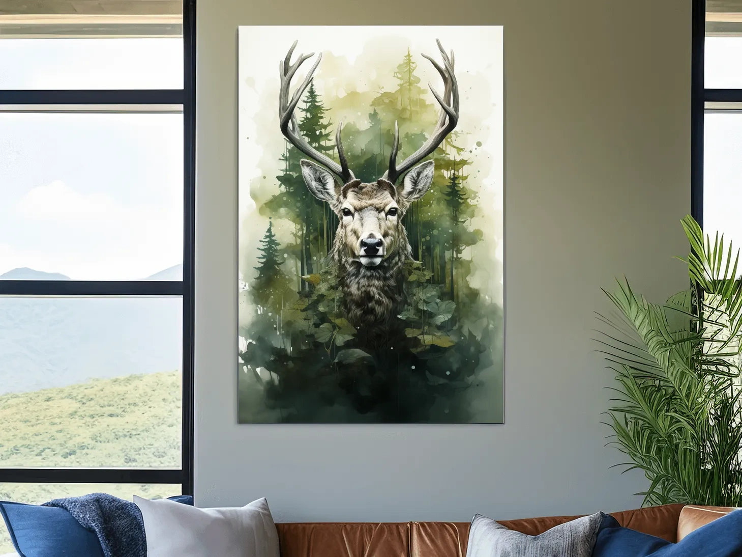 Watercolor Deer Portrait In Misty Pine Forest - Woodland Wildlife Wall Art