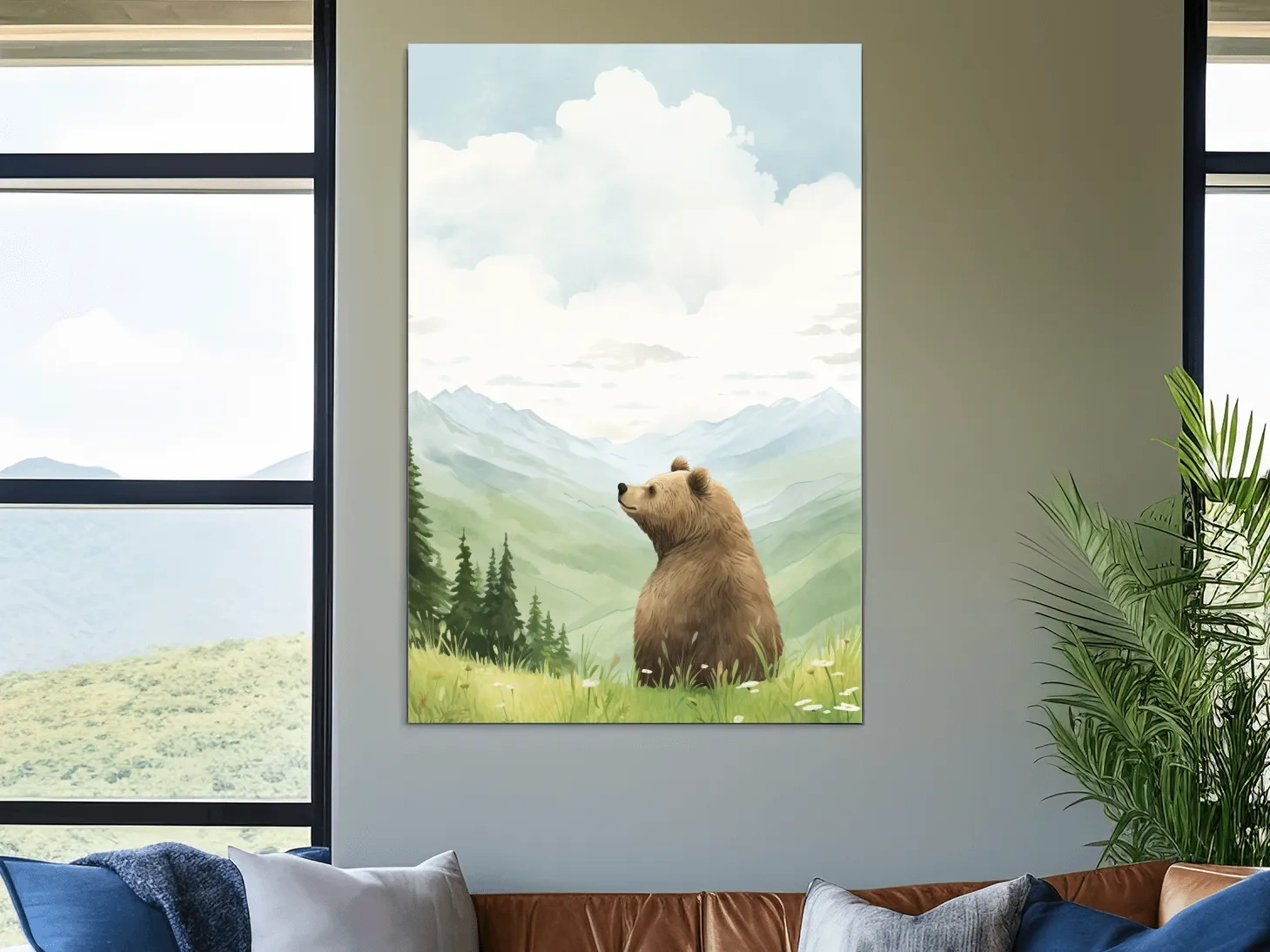 Whimsical Watercolor Bear In Mountain Meadow - Serene Nursery Wildlife Art