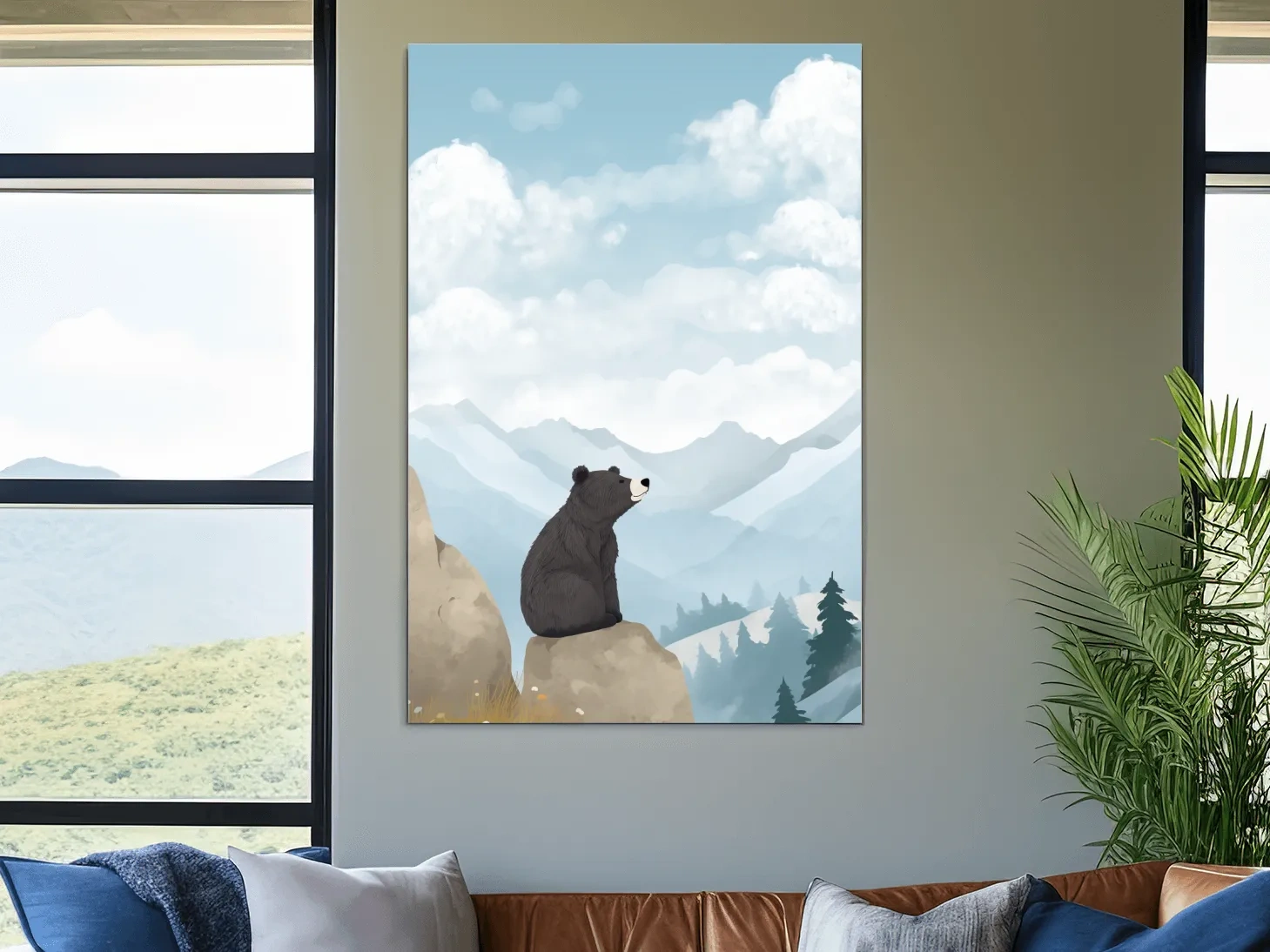 Whimsical Black Bear Mountain Landscape Illustration - Cute Animal Nursery Wall Art