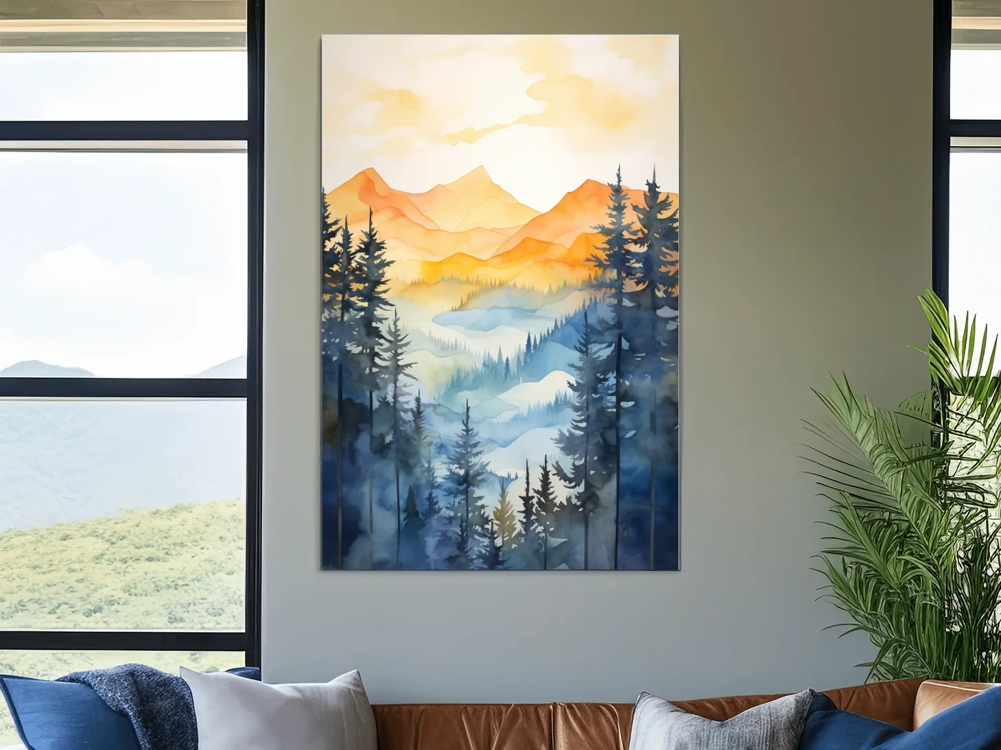 Golden Watercolor Mountain Sunrise Painting - Misty Alpine Forest Artwork