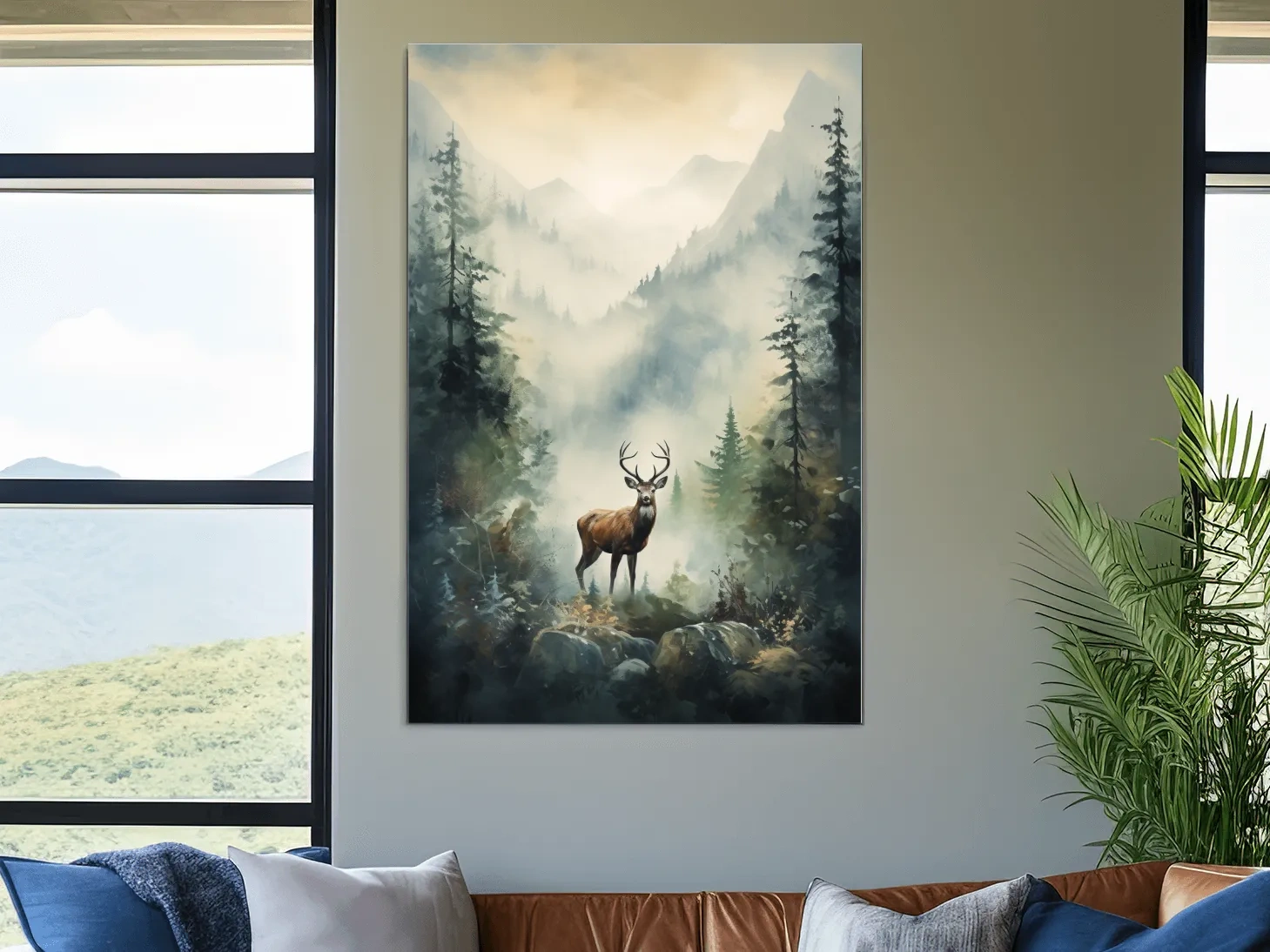 Misty Alpine Forest Deer Painting - Atmospheric Mountain Wildlife Wall Art